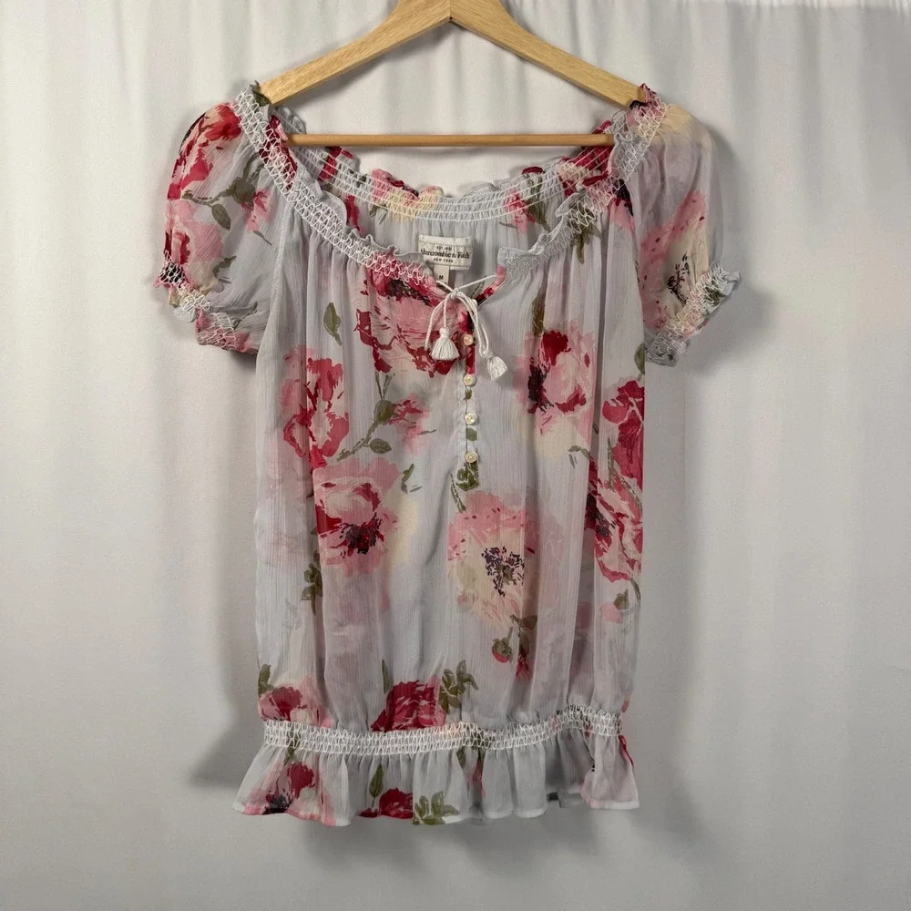 Abercrombie & Fitch‎ Floral Peasant Blouse Smocked Off Shoulder Ruffle Womens M